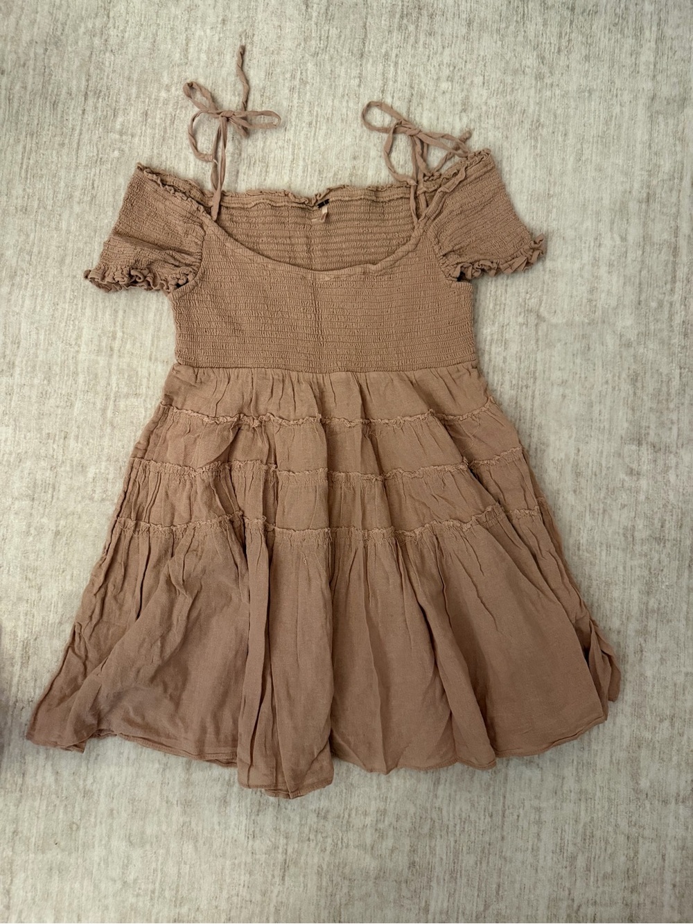 Free People Tiered Mini Dress in Dusty Mauve Brown with Tie Straps